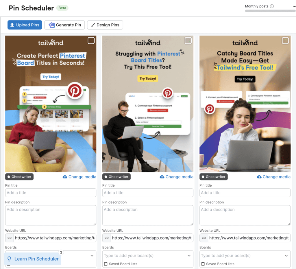 Three side-by-side promotional images for Tailwind's Pinterest tool, each featuring a person with a laptop, emphasizing easy board title creation.